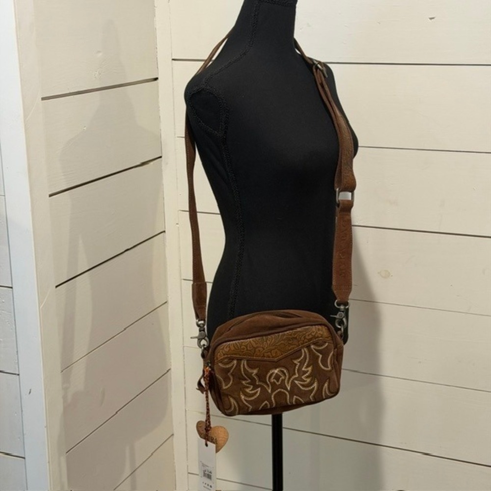 Myra Bag Brown Suede Western Crossbody Bag Floral Embossed Leather S-8430 NEW